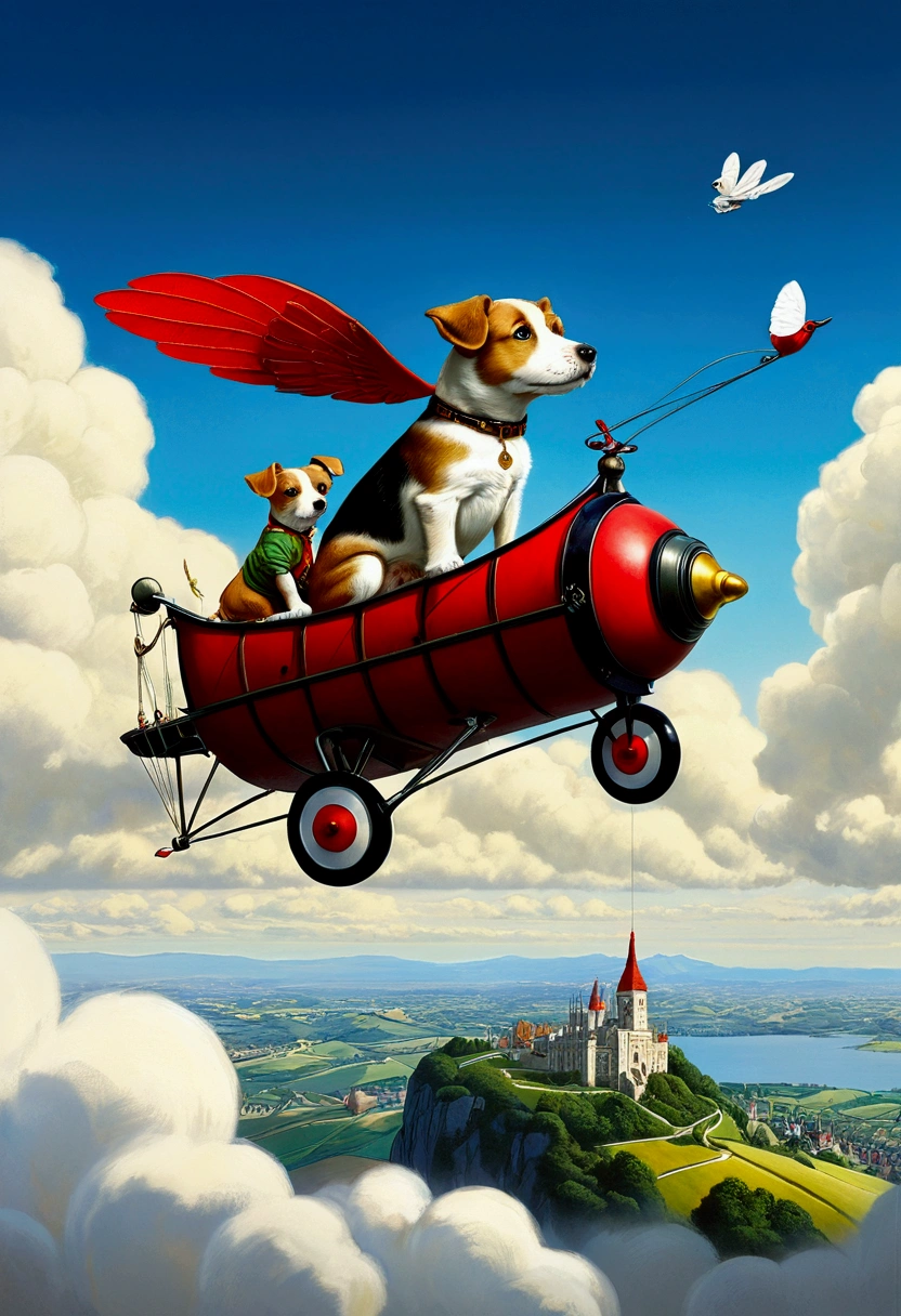 Flying Puppy, full body, by W. Heath Robinson and Rafal Olbinski and Edward Moran, cinematic still, (best quality, masterpiece), very aesthetic, perfect composition, intricate details, ultra-detailed, vivid colors