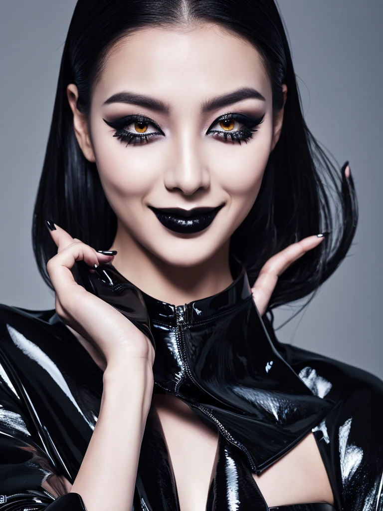 Best quality, masterpiece, ultra high res, photorealistic, raw photo, unity 8k wallpaper,(black lips:1.3),(black eyeshadow:1.3),parted lips,,(evil smile:1.0), latex suit.