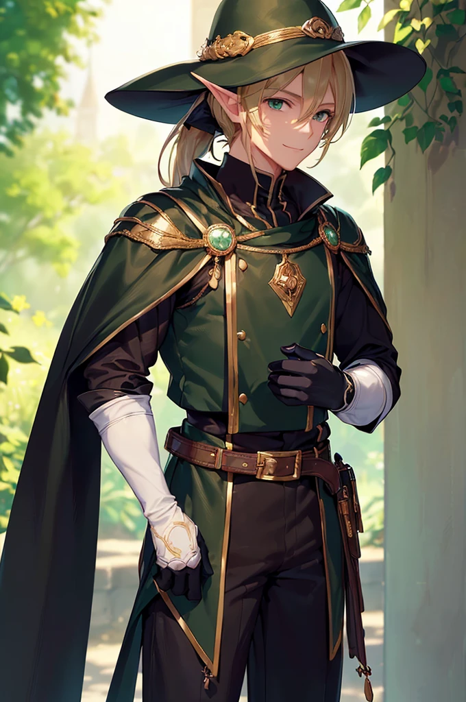 (((masterpiece; best quality: 1.2))), (finely detailed eyes: 1.3), (25 year old elf man), (solo), (green eyes: 1.4), (body; toned, fit, masculine: 1.3), (silky blonde hair in low ponytail: 1.3), (beautiful and clear background: 1.2), ((depth of field)), (equipment: adventurer garb + modest + elegant wide-brim hat + black tunic + dark long cape + black pants + gloves + belt + pouches: 1.3), (anime illustration: 1.2), (background composition; royal garden: 1.1), (extremely fine and handsome: 1.1), (shot composition; standing + centered on torso + close-up: 1.5), (expression; calm, smile: 1.2)