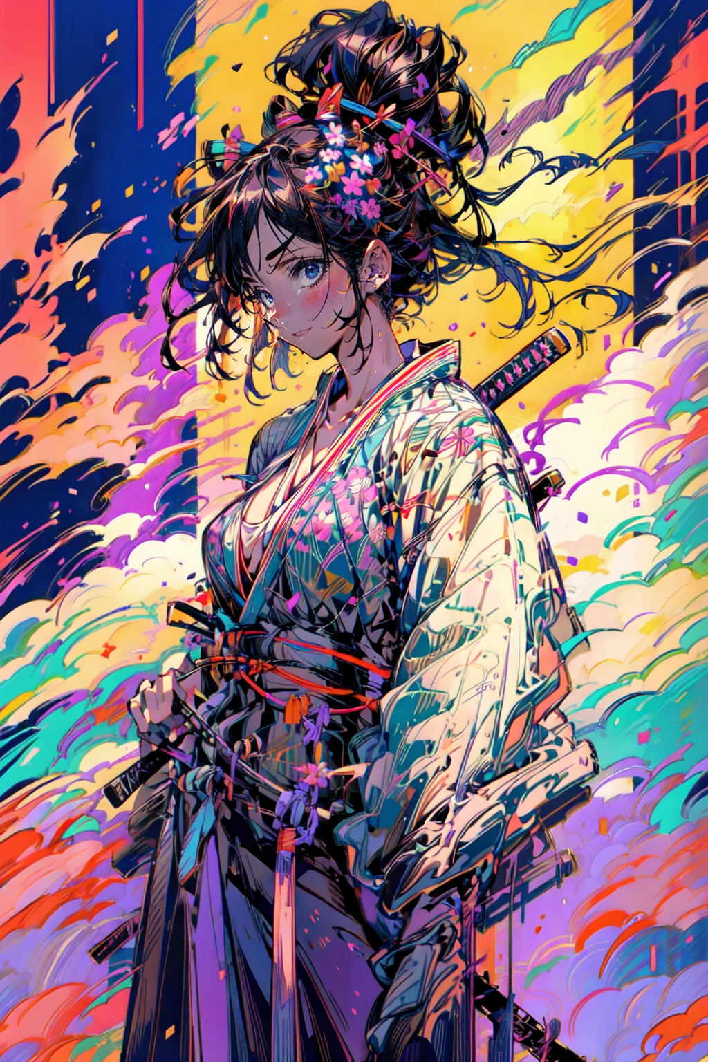 1girl,solo,cool,yukata,bigbreast,cleavage,she holding katana,katana,samurai girl,