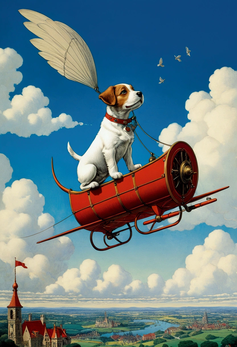 Flying Puppy, full body, by W. Heath Robinson and Rafal Olbinski and Edward Moran, cinematic still, (best quality, masterpiece), very aesthetic, perfect composition, intricate details, ultra-detailed, vivid colors