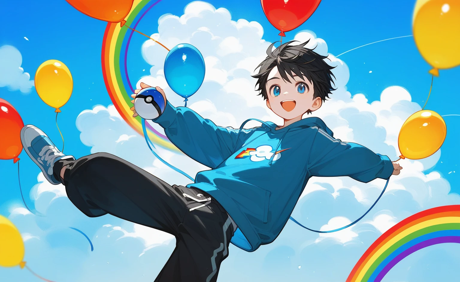 ung boy,Black pot lid head,Blue eyes,Loose sweatshirt,trousers,Long sleeve,Sleeves cover hands,Open mouth smile,Blue magnificent sky background,White Cloud,rainbow,Jump in the air,(Many colorful balloons),(((Black hair))),Holding a Pokémon Ball