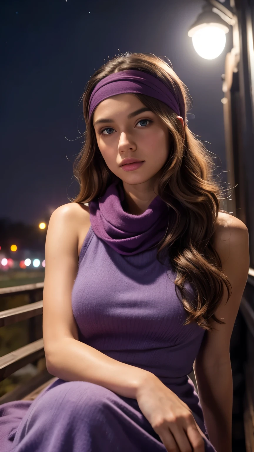 Masterpiece, 20 year old woman, full body, he highest quality, big pink eyes,proportionate lips, Colorful cinematic lighting, purpple Cashmere Dress bare shoulders, with overflow [purpple] long wavy hair, ponytail, (wearing a headband and scarf), (Perfect face:1.1), mist,sitting Train tracks, at night, moon, moonlight, romantic, HDR, Very detailed, 8k, Hyper realistic, shot at eye level, Cinestill 800