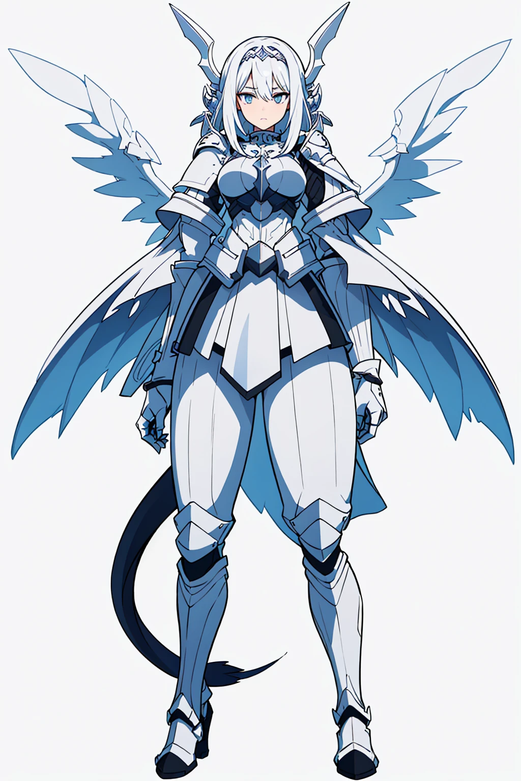 ((( white female knight armor))) dynamic pose, white hair, white_accesories, , white eyes, long hair, (((white background))).full body, High resolution, best quality, , several pairs of white wings, white female knight armor, (((white demon wings in the middle of the waist))), white small dragon tail, white eyes. white_clothes, HD, 8k, full_body, (((white_background))), white_accessories, (((female knight armor)))