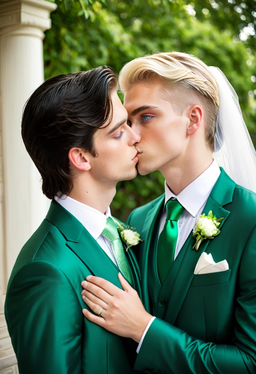 Two men, one blond blue eyes and the other dark hair green eyes, both 21 years old, getting married
And kissing