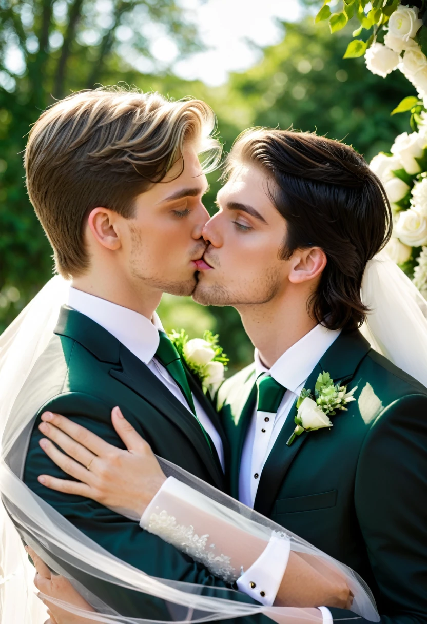 Two men, one blond blue eyes and the other dark hair green eyes, both 21 years old, getting married
And kissing