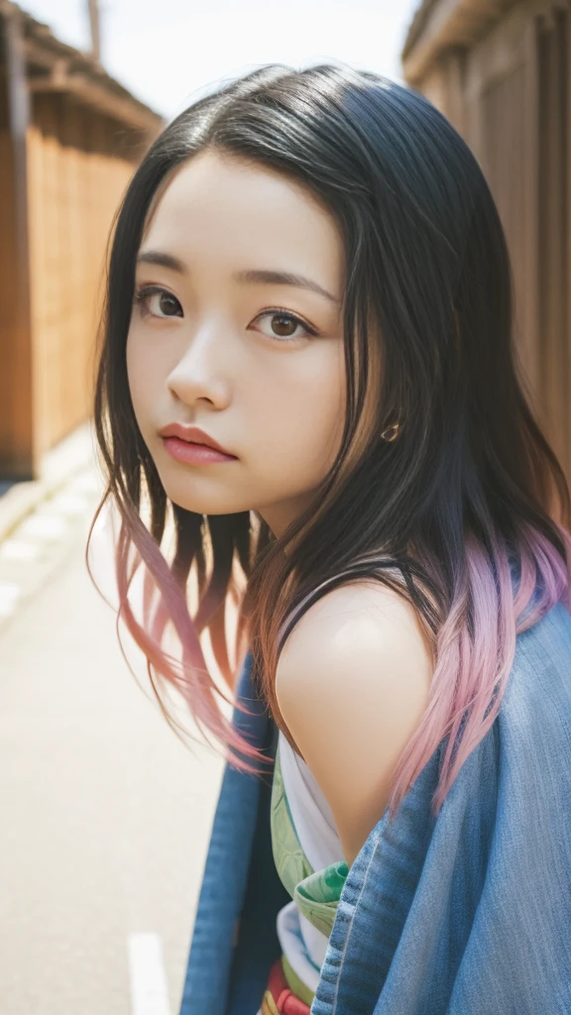 Cute Japanese woman, (16 years old), (Very cute face: 1.3), White moist skin, Looking at the camera, Melancholy expression,
BREAK,
Idol,
BREAK,
(Wearing cute kimono: 1.3), (Highly revealing kimono), Very large earrings, Short length,
BREAK,
(Fighting pose: 1.3),
BREAK,
(Long hair), (Pink hair: 1.2), (Wavy hair), (Gradient hair: 1.3), (Red hair at the ends),
BREAK,
(Realistic: 1.3), Masterpiece, Perfect lighting, (Ultra-high resolution), (8K), (Highly detailed: 1.4), (From the front), (Full body: 1.3), (Symmetrical: 1.2),
BREAK,
(Japanese city streets: 1.2),
BREAK,
(Demon Slayer: 1.4),
BREAK,
(Kasumi Arimura: 1.4),