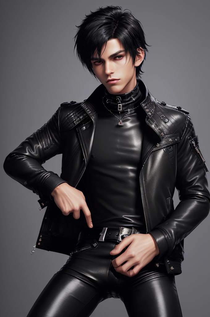Final fantasy taste and reality graphics, ((Japanese young cute and cool ikemen boy)), his age is early 20s, thin eyebrows and beady eyes, ((he wearing black color leather thick and heavy material jacket)), ((jacket is singlebrest)), ((biker style jacket)), ((jacket is large size)),((with epaulet)), ((jacket is long sleeve)), ((zipped front of the leather jacket)), , ((voluminous leather jacket)), ,((must jacket is high length and stand-up collar)) ((jacket collar with two belts)), ((jacket is a little black color line pattern)), ((also wearing black thick material turtleneck lackluster shirts)), ((tight black leather pants)), ((put black leather tight and thin glove on both hands)), ((black leather knee-high raceup boots)),((must views head-to-toe)),((must views whole body)), ,((Do not show skin from the neck down)),leather jacket leather glove and leather pants have few wrinkles, Avoid showing your innerwear,zip up jacket fastner.must put on a leather glove.
Boy is black hair.boy looks like fashion model.