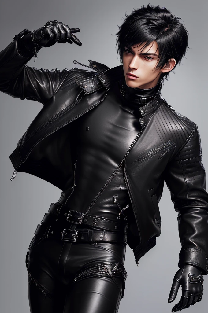 Final fantasy taste and reality graphics, ((Japanese young cute and cool ikemen boy)), his age is early 20s, thin eyebrows and beady eyes, ((he wearing black color leather thick and heavy material jacket)), ((jacket is singlebrest)), ((biker style jacket)), ((jacket is large size)),((with epaulet)), ((jacket is long sleeve)), ((zipped front of the leather jacket)), , ((voluminous leather jacket)), ,((must jacket is high length and stand-up collar)) ((jacket collar with two belts)), ((jacket is a little black color line pattern)), ((also wearing black thick material turtleneck lackluster shirts)), ((tight black leather pants)), ((put black leather tight and thin glove on both hands)), ((black leather knee-high raceup boots)),((must views head-to-toe)),((must views whole body)), ,((Do not show skin from the neck down)),leather jacket leather glove and leather pants have few wrinkles, Avoid showing your innerwear,zip up jacket fastner.must put on a leather glove.
Boy is black hair.boy looks like fashion model.