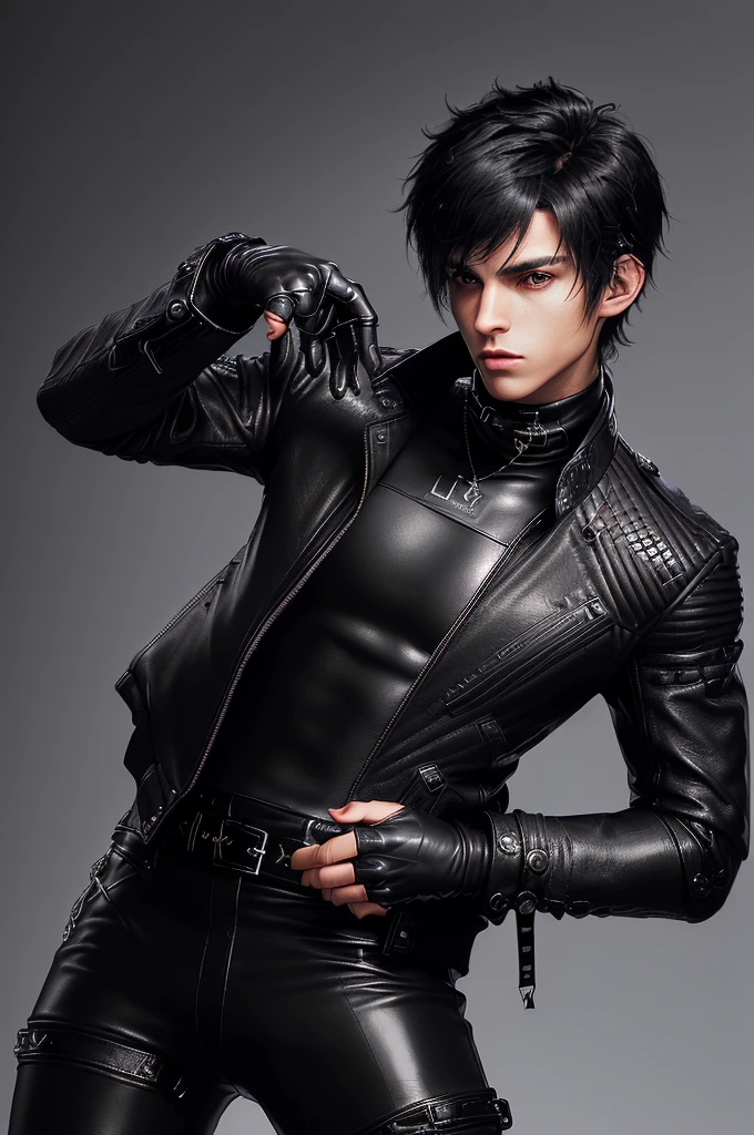 Final fantasy taste and reality graphics, ((Japanese young cute and cool ikemen  boy)), his age is early 20s, thin eyebrows and beady eyes,  ((he wearing black color leather  thick and heavy material jacket)), ((jacket is singlebrest)), ((biker style jacket)), ((jacket is large size)),((with epaulet)), ((jacket is long sleeve)), ((zipped front of the leather jacket)), , ((voluminous leather jacket)), ,((must jacket is high length and stand-up collar)) ((jacket collar with two belts)), ((jacket is a little black color line pattern)), ((also wearing black thick material turtleneck lackluster shirts)),  ((tight black leather pants)),  ((put black leather tight and thin glove on both hands)), ((black leather knee-high raceup boots)),((must views  head-to-toe)),((must views whole body)), ,((Do not show skin from the neck down)),leather jacket leather glove and leather pants have few wrinkles, Avoid showing your innerwear,zip up jacket fastner.must put on a leather glove.
Boy is black hair.boy looks like fashion model.
