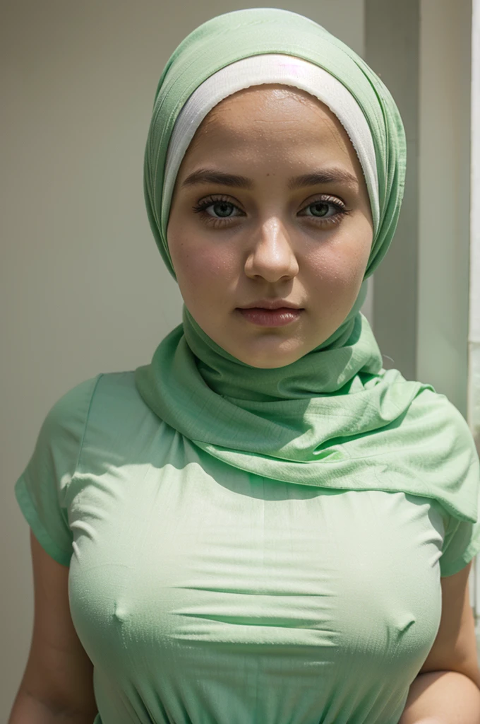 hijab beauty dressed long dress chubby pretty white face green eyes