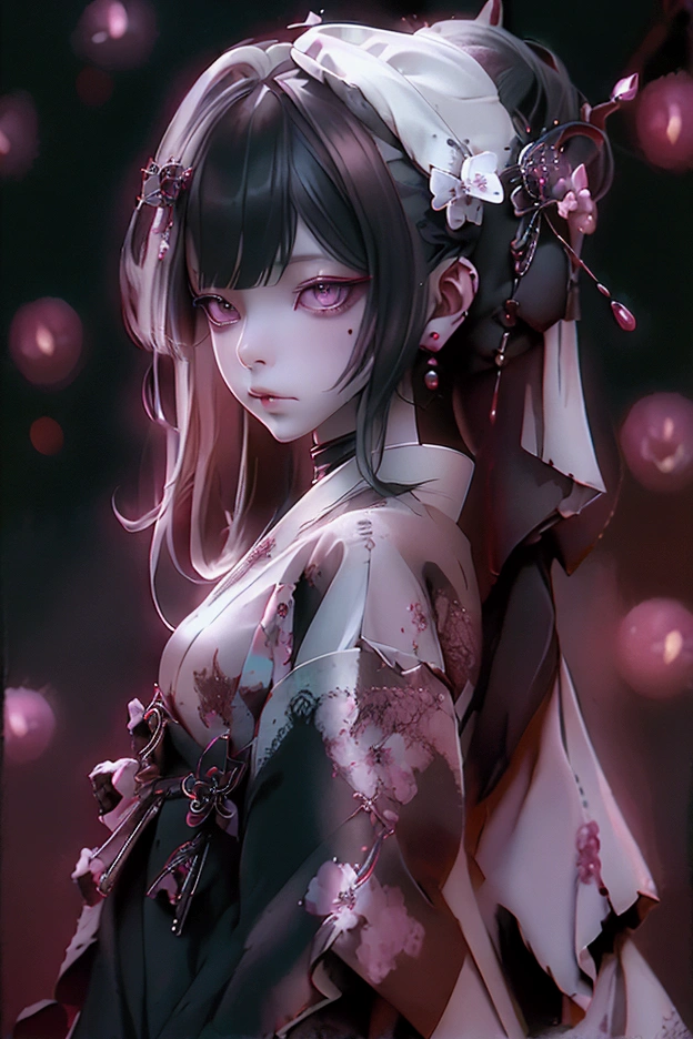 woman、whole body,Game character costumes,novel,Gothic Lolita,dress,image color: Black and white,Cobblestones, lanthanum, shrine, cherry blossoms, petals in the wind, Calm, mysterious, high quality, Dark look,Detailed eye design,