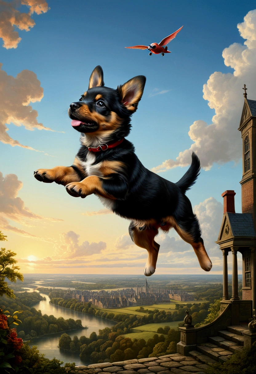 Flying Puppy, full body, by Abraham Pether and Hariton Pushwagner, cinematic still, (best quality, masterpiece), very aesthetic, perfect composition, intricate details, ultra-detailed, vivid colors