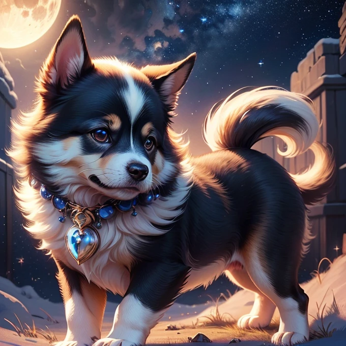 A cute puppy flying in the night sky, inspired by the Canis constellation, beautiful detailed eyes, beautiful detailed lips, extremely detailed eyes and face, long eyelashes, puppy, dog, canine, adorable, fluffy, stars, starry night, moon, celestial, cosmic, fantasy, dreamlike, glowing, cinematic lighting, vibrant colors, digital painting, concept art, photorealistic, 8k, high quality, masterpiece