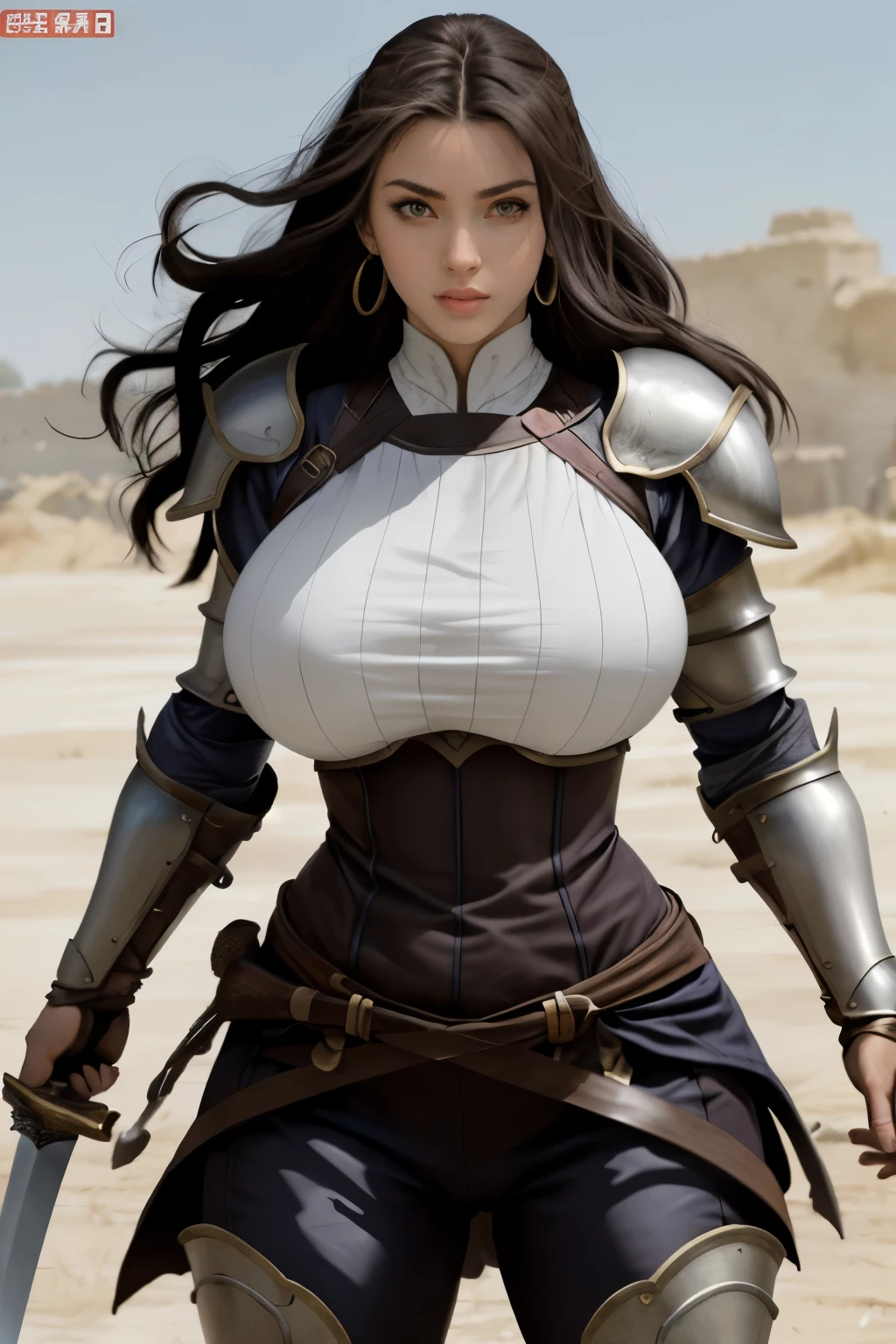 voluminous hair, big hair, big breasts, swordswoman,(fully clothed skintight), (black armor), woman , standing in an open battlefield holding sword, muscle