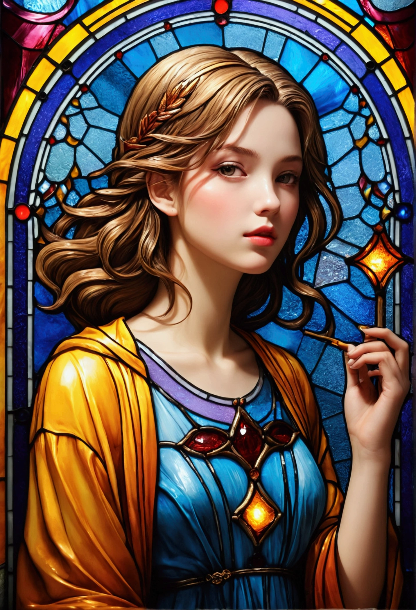 (masterpiece, Highest quality, Highest quality,Official Art, super goal、beautifully、aesthetic:1.2),(One girl:1.3), One girl BREAK stained glass art, Colored Glass, Lead wire, Light transmission BREAK Vivid colors, Intricate Design, Glowing effect, Spiritual atmosphere