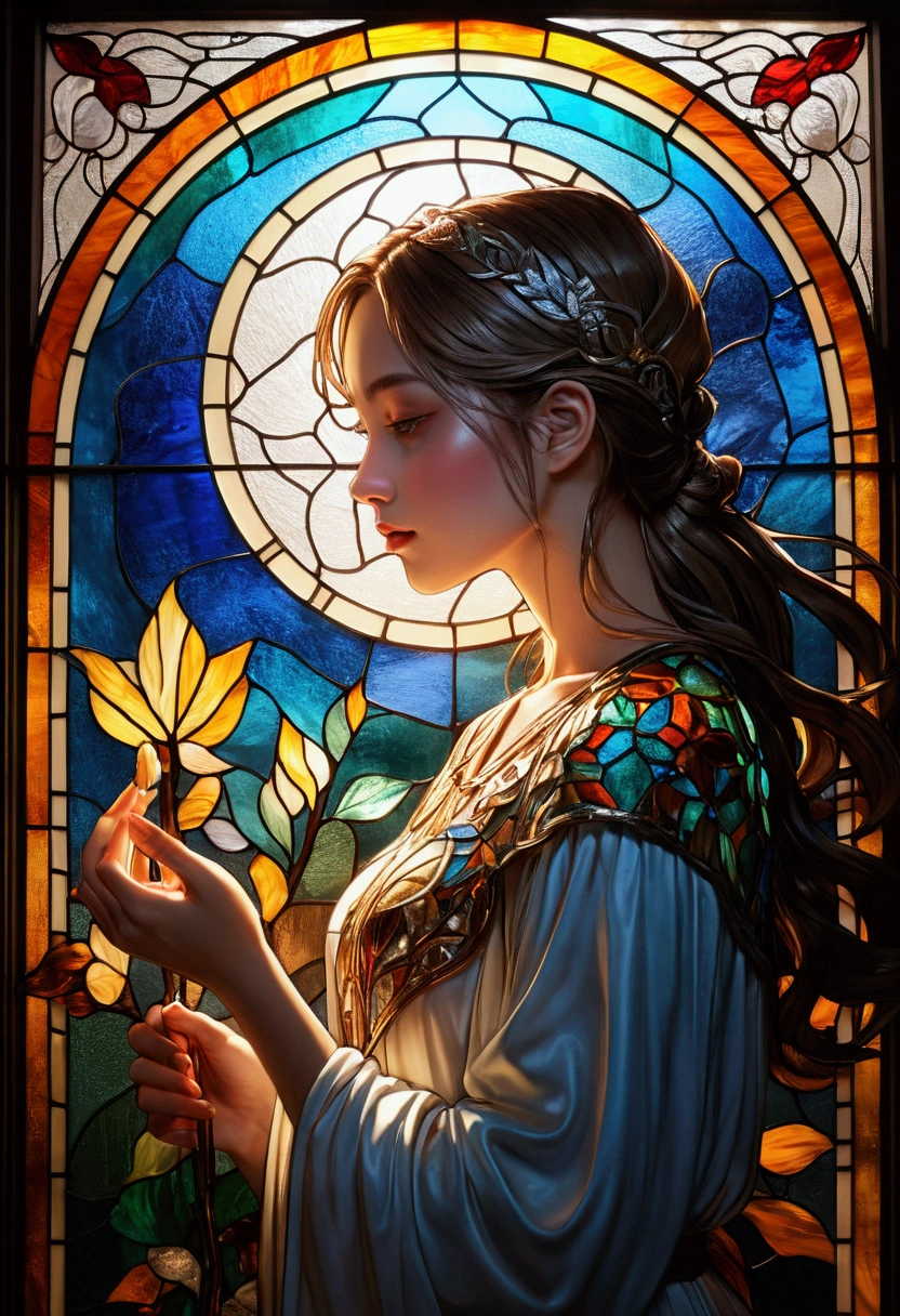 (masterpiece, Highest quality, Highest quality,Official Art, super goal、beautifully、aesthetic:1.2),(One girl:1.3), One girl BREAK stained glass art, Colored Glass, Lead wire, Light transmission BREAK Vivid colors, Intricate Design, Glowing effect, Spiritual atmosphere