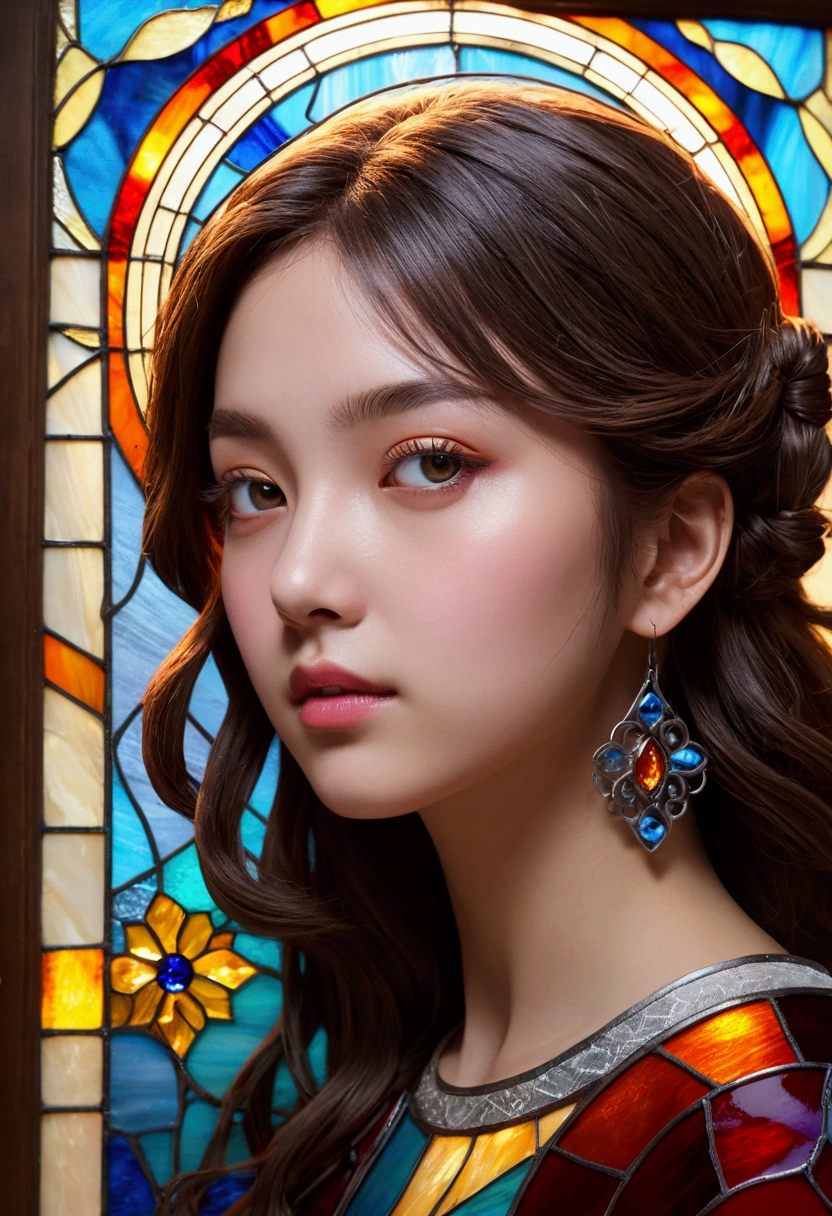 (masterpiece, Highest quality, Highest quality,Official Art, super goal、beautifully、aesthetic:1.2),(One girl:1.3), One girl BREAK stained glass art, Colored Glass, Lead wire, Light transmission BREAK Vivid colors, Intricate Design, Glowing effect, Spiritual atmosphere