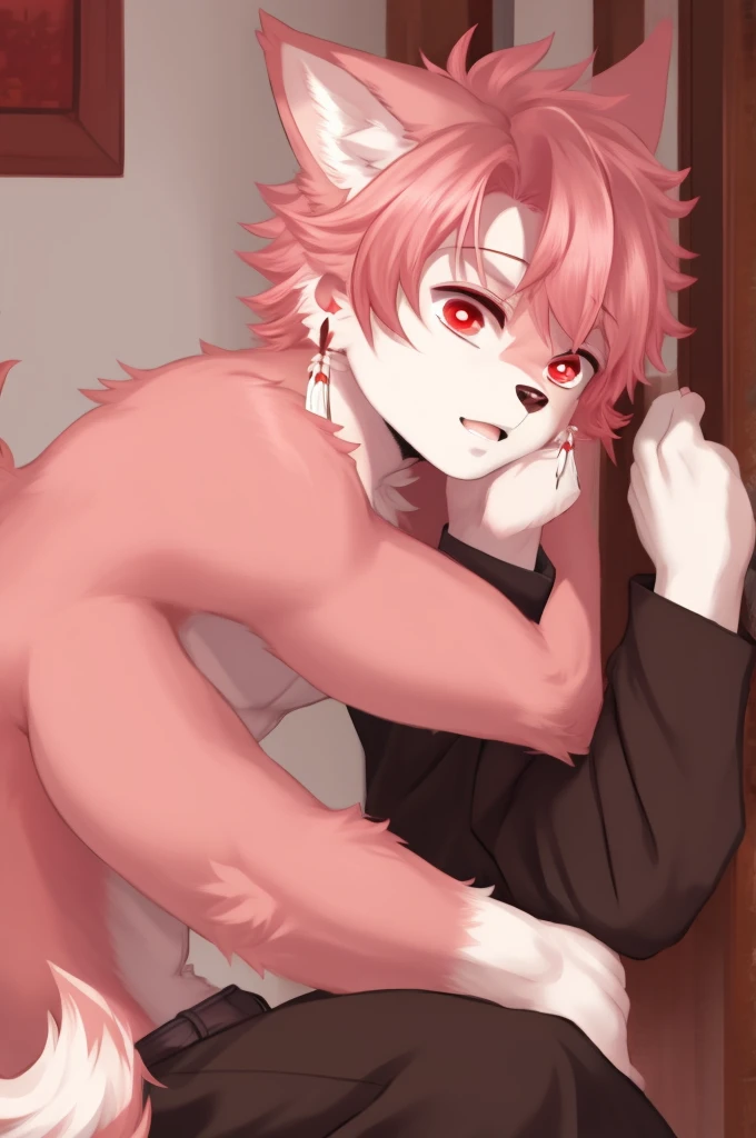 masterpiece, best quality, 1boy, pink hair, ears wolf, tail, ((red eyes)), ((perfect hands)), ((pink fur))