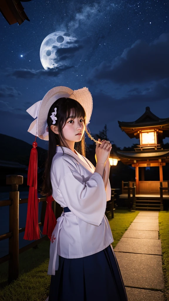shrine、A shrine maiden with a sad face dancing under the moonlight