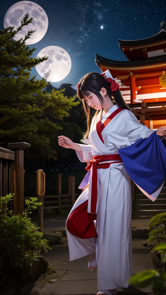 shrine、A shrine maiden with a sad face dancing under the moonlight