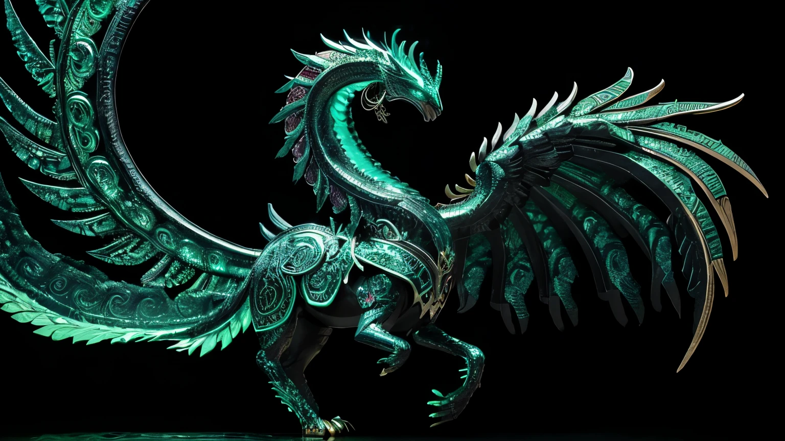 Full body, black background, HD, Quetzalcoatl, a mythical creature from Aztec mythology, emerges from a dense forest and its scales shine with iridescent and phosphorescent tones. He wears ceremonial armor adorned with jade, rubies and emeralds and his eyes shine with ancient wisdom and power.