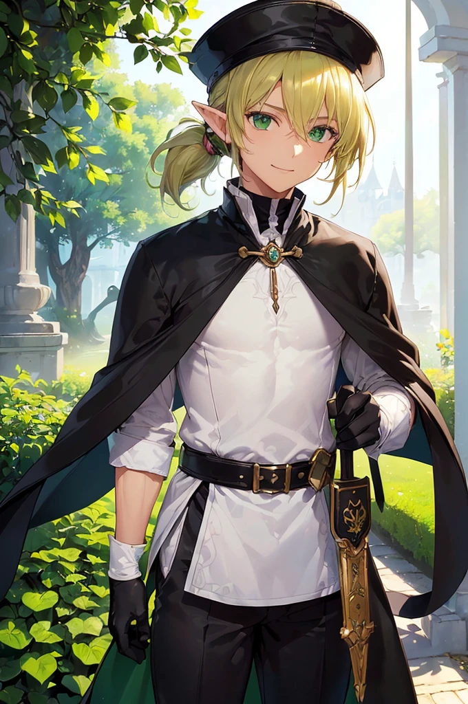 (((masterpiece; best quality: 1.2))), (finely detailed eyes: 1.3), (25 year old elf man), (solo), (green eyes: 1.4), (body; toned, fit, masculine: 1.3), (silky blonde hair in low ponytail: 1.3), (beautiful and clear background: 1.2), ((depth of field)), (equipment: adventurer garb + modest + elegant wide-brim hat + dark tunic + dark long cape + black pants + gloves + belt + pouches: 1.3), (anime illustration: 1.2), (background composition; royal garden: 1.1), (extremely fine and handsome: 1.1), (shot composition; standing + centered on torso + close-up: 1.5), (expression; calm, smile: 1.2)