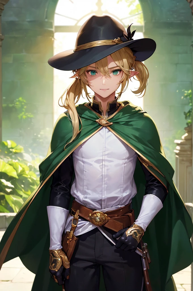 (((masterpiece; best quality: 1.2))), (finely detailed eyes: 1.3), (25 year old elf man), (solo), (green eyes: 1.4), (body; toned, fit, masculine: 1.3), (silky blonde hair in low ponytail: 1.3), (beautiful and clear background: 1.2), ((depth of field)), (equipment: adventurer garb + modest + elegant wide-brim hat + dark tunic + dark long cape + black pants + gloves + belt + pouches: 1.3), (anime illustration: 1.2), (background composition; royal garden: 1.1), (extremely fine and handsome: 1.1), (shot composition; standing + centered on torso + close-up: 1.5), (expression; calm, smile: 1.2)