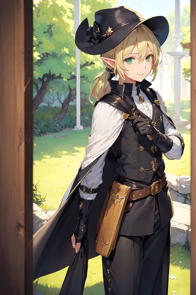 (((masterpiece; best quality: 1.2))), (finely detailed eyes: 1.3), (25 year old elf man), (solo), (green eyes: 1.4), (body; toned, fit, masculine: 1.3), (silky blonde hair in low ponytail: 1.3), (beautiful and clear background: 1.2), ((depth of field)), (equipment: adventurer garb + modest + elegant wide-brim hat + dark tunic + dark long cape + black pants + gloves + belt + pouches: 1.3), (anime illustration: 1.2), (background composition; royal garden: 1.1), (extremely fine and handsome: 1.1), (shot composition; standing + centered on torso + close-up: 1.5), (expression; calm, smile: 1.2)