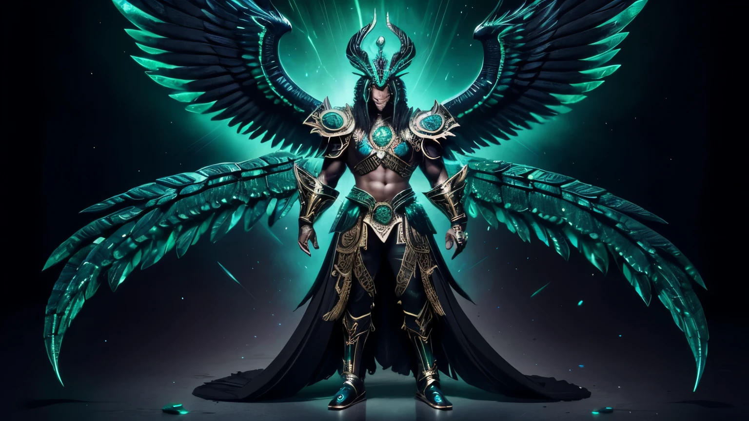 Full body, black background, HD, Quetzalcoatl, a mythical creature from Aztec mythology, emerges from a dense forest and its scales shine with iridescent and phosphorescent tones. He wears ceremonial armor adorned with jade, rubies and emeralds and his eyes shine with ancient wisdom and power.