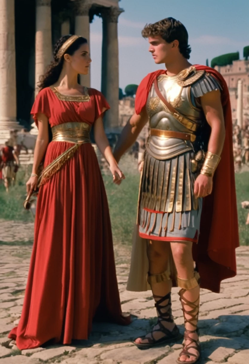 79 AD period Flavian period young beautiful very exotic Latin Mediterranean Italian Roman woman in feminine traditional Roman attire and aith a young Roman soldier in full Roman military attire and gearMasterpiece,quality,4k,Show a young 20 something couples in ancient Italy Latin Rome Italy