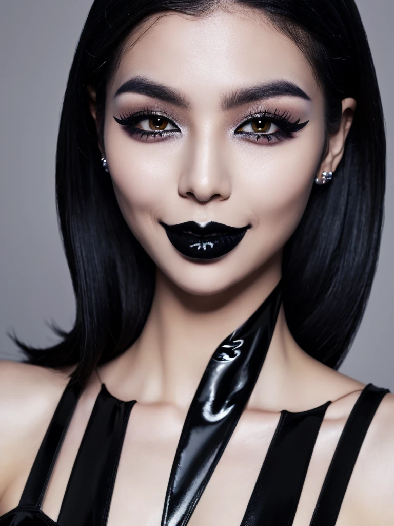 Best quality, masterpiece, ultra high res, photorealistic, raw photo, unity 8k wallpaper,(black lips:1.6),(black eyeshadow:1.3),parted lips,,(evil smile:1.0), latex suit.