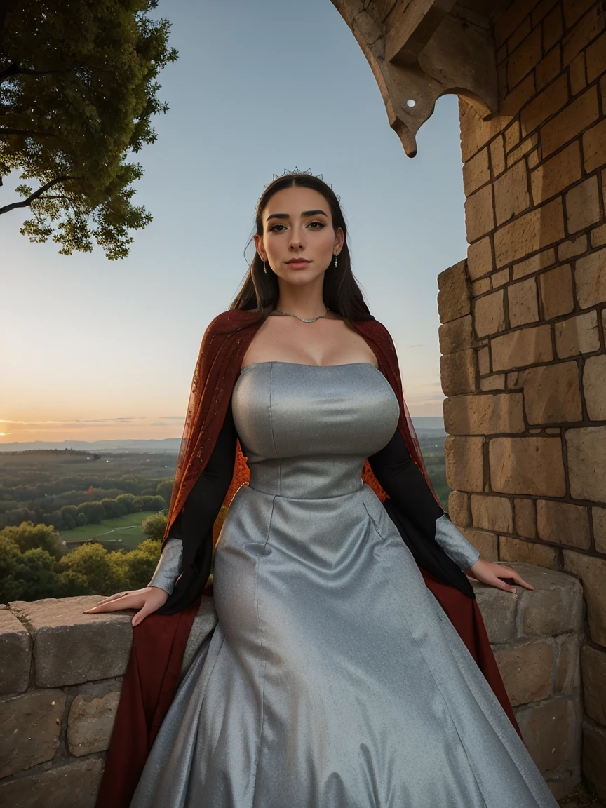 Gorgeous and sultry busty athletic (thin) brunette queen with sharp facial features wearing a modest updo, dark red medieval dress, long sleeves, intricate patterns, scrollwork, wide neck, crown, veil, long dress, modest dress, tight bodice, (silver waist chain), medieval jewelry, Middle Ages, castle, rampart, wall, exterior, on top of a castle wall, trees, countryside, evening, sunset.