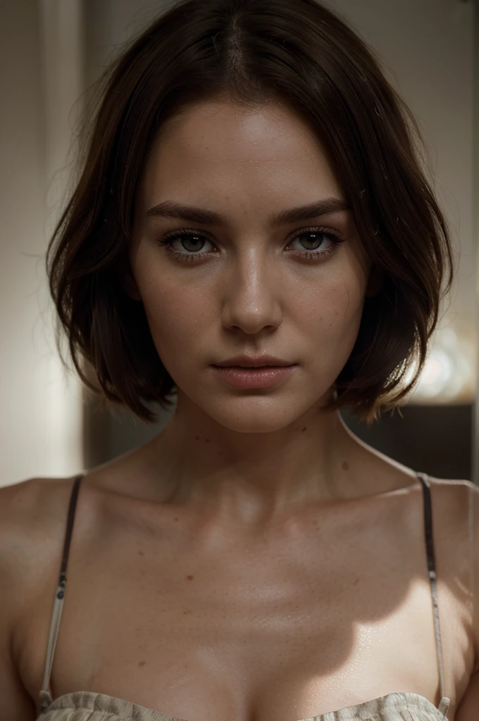 Elizabeth Henstridge with short brown hair, sad expression, wearing a white dress, thin body, detailed face, detailed eyes, detailed lips, detailed skin, beautiful detailed portrait, intricate details, high quality, photorealistic, portrait, realistic, cinematic lighting, dramatic lighting, warm tones, intricate details, masterpiece