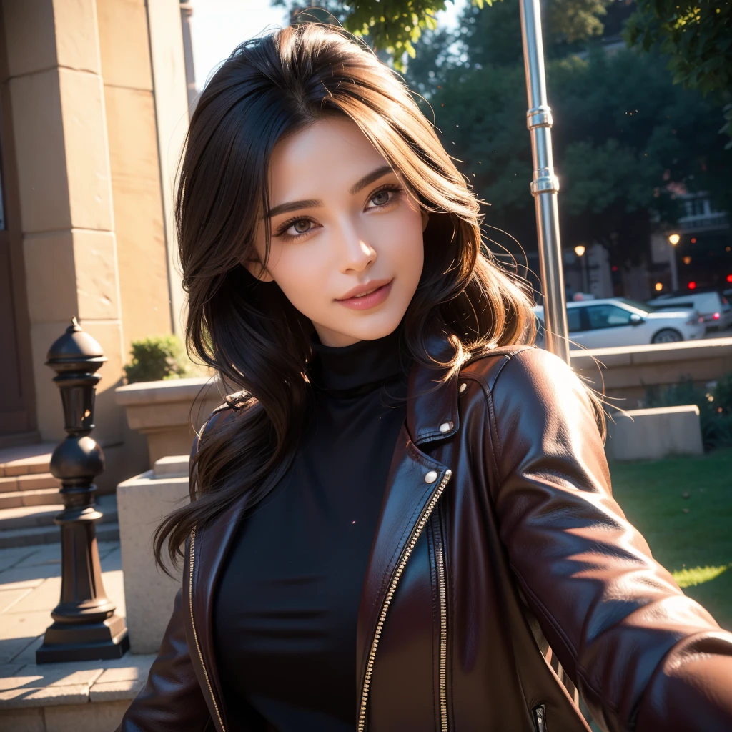 a beautiful young woman, lady biker, beautiful detailed eyes, beautiful detailed lips, extremely detailed face and eyes, long eyelashes, turtle neck t-shirt, leather jacket, outdoor date setting, taking a selfie, soft lighting, warm colors, (best quality,4k,8k,highres,masterpiece:1.2),ultra-detailed,(realistic,photorealistic,photo-realistic:1.37),cinematic,intricate clothing textures,elegant posing,warm smile,romantic atmosphere