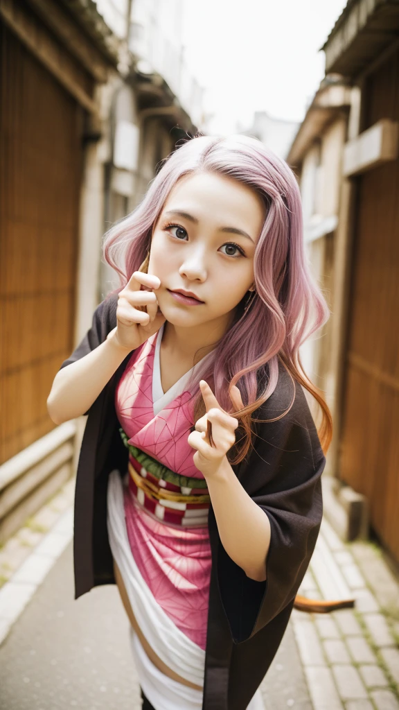 Cute Japanese woman, (), (Very cute face: 1.3), White moist skin, Looking at the camera, Melancholy expression,
BREAK,
Idol,
BREAK,
(Wearing cute kimono: 1.3), (Highly revealing kimono), Very large earrings, Short length,
BREAK,
(Fighting pose: 1.3),
BREAK,
(Long hair), (Pink hair: 1.2), (Wavy hair), (Gradient hair: 1.3), (Red hair at the ends),
BREAK,
(Realistic: 1.3), Masterpiece, Perfect lighting, (Ultra-high resolution), (8K), (Highly detailed: 1.4), (From the front), (Full body: 1.3), (Symmetrical: 1.2),
BREAK,
(Japanese city streets: 1.2),
BREAK,
(Demon Slayer: 1.4),
BREAK,
(Kasumi Arimura: 1.4),