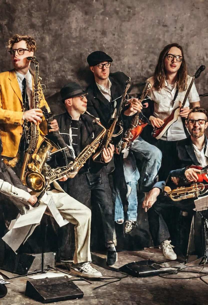 (work of art), (best qualityer), (detailded),photo of a mixed group of musicians of 12 members on a stage