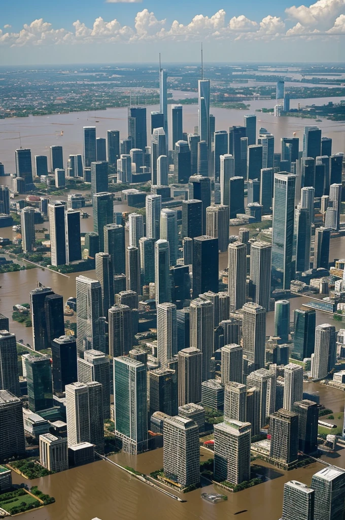 A flooded city but you can see the skyscrapers of the buildings