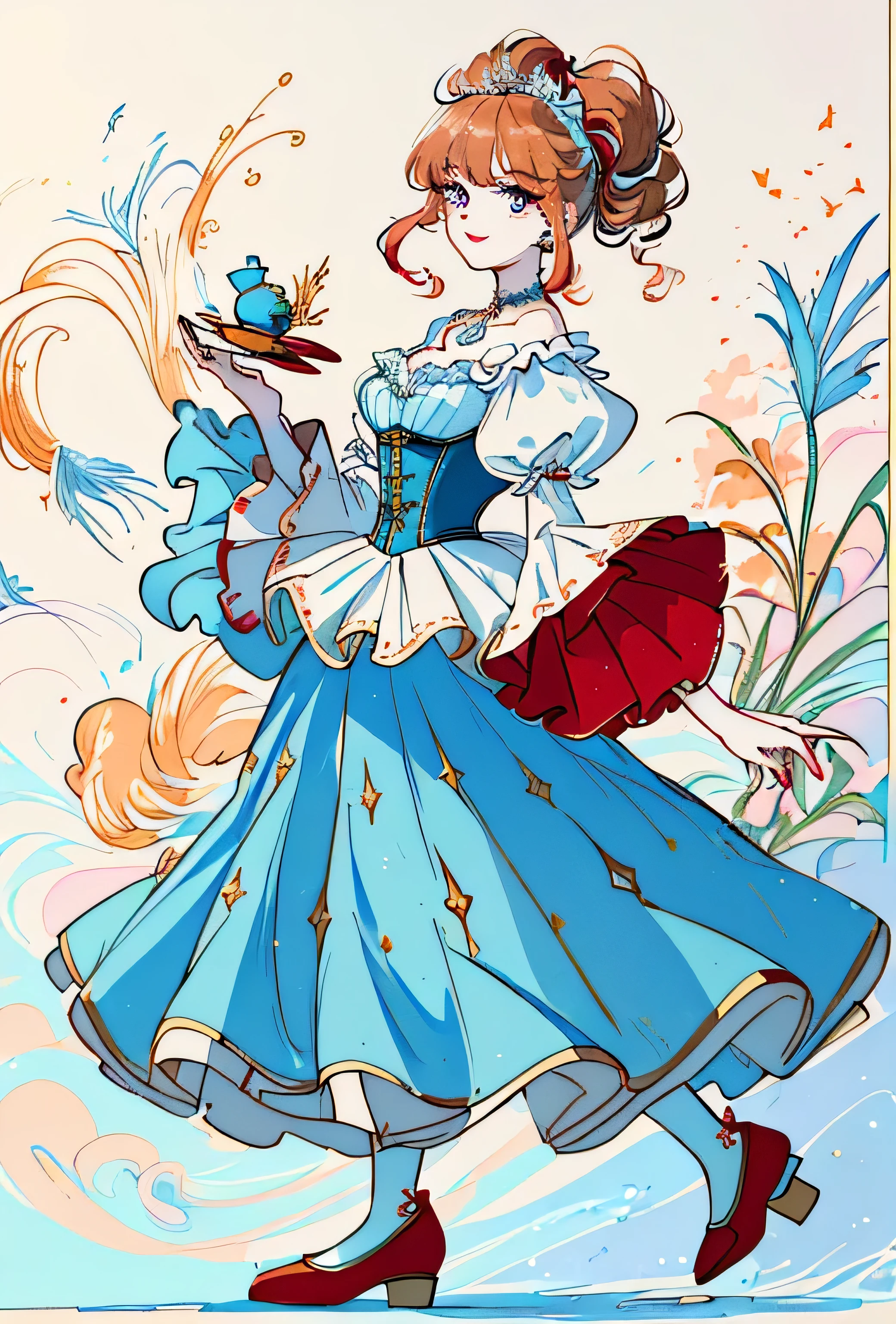 (best quality),(head of'artwork), (Background'extremely detailed 8k screen),ultra-detailed,Cinematic lighting, Detailed light, best shadow, angle dynamique, 1fille,bare,Apparence:
Corps:
Size: Environ 1,70 m.
Corpulence: Slender, slightly muscular figure.
peau: Teint porcelaine avec des touches de maquillage rappelant les clowns, including rosy cheeks and bright red lips.
eyes: eyes grands et lumineux, de couleur bleu glace, with long, thick eyelashes.
hairs: hairs longs et ondulés, de couleur rouge flamboyant, styled in two high ponytails with golden highlights.
Tenue:
high: Royal blue fitted corset with gold embroidery and white puff sleeves.
stocking: Jupe tutu courte, en plusieurs couches de tulle bleu et blanc avec des ornements dorés.
shoes: Bottines à lacets dorées avec des talons hauts, decorated with little bells that tinkle with each step.
accesories: Choker necklace with a heart-shaped pendant, gants blancs jusqu’aux coudes, et une coiffe de cirque avec des plumes bleues et dorées. , personnage de style anime, dans le style artistique de l'anime from the 8s 0,