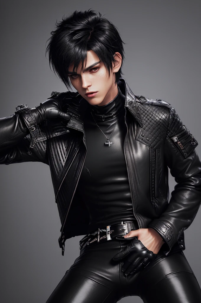 Final fantasy taste and reality graphics, ((Japanese young cute and cool ikemen boy)), his age is early 20s, thin eyebrows and beady eyes, ((he wearing black color leather thick and heavy material jacket)), ((jacket is singlebrest)), ((biker style jacket)), ((jacket is large size)),((with epaulet)), ((jacket is long sleeve)), ((zipped front of the leather jacket)), , ((voluminous leather jacket)), ,((must jacket is high length and stand-up collar)) ((jacket collar with two belts)), ((jacket is a little black color line pattern)), ((also wearing black thick material turtleneck lackluster shirts)), ((tight black leather pants)), ((put black leather tight and thin glove on both hands)), ((black leather knee-high raceup boots)),((must views head-to-toe)),((must views whole body)), ,((Do not show skin from the neck down)),leather jacket leather glove and leather pants have few wrinkles, Avoid showing your innerwear,zip up jacket fastner.must put on a leather glove.
Boy is black hair.boy looks like fashion model.