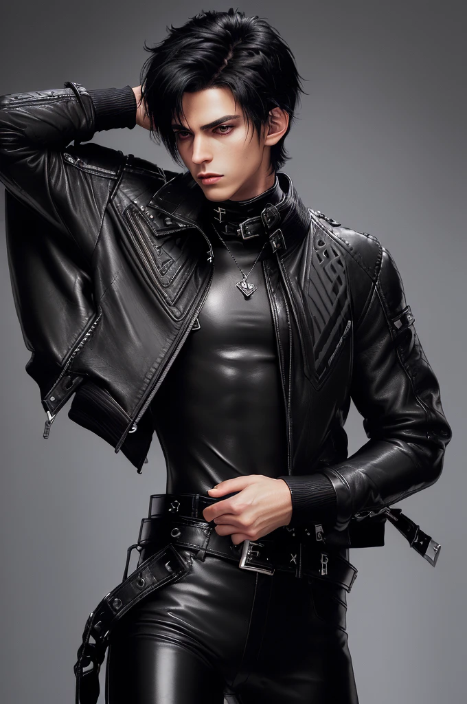 Final fantasy taste and reality graphics, ((Japanese young cute and cool ikemen boy)), his age is early 20s, thin eyebrows and beady eyes, ((he wearing black color leather thick and heavy material jacket)), ((jacket is singlebrest)), ((biker style jacket)), ((jacket is large size)),((with epaulet)), ((jacket is long sleeve)), ((zipped front of the leather jacket)), , ((voluminous leather jacket)), ,((must jacket is high length and stand-up collar)) ((jacket collar with two belts)), ((jacket is a little black color line pattern)), ((also wearing black thick material turtleneck lackluster shirts)), ((tight black leather pants)), ((put black leather tight and thin glove on both hands)), ((black leather knee-high raceup boots)),((must views head-to-toe)),((must views whole body)), ,((Do not show skin from the neck down)),leather jacket leather glove and leather pants have few wrinkles, Avoid showing your innerwear,zip up jacket fastner.must put on a leather glove.
Boy is black hair.boy looks like fashion model.
