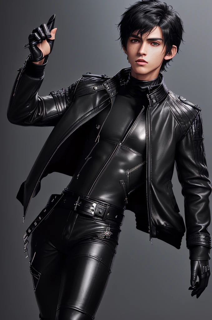 Final fantasy taste and reality graphics, ((Japanese young cute and cool ikemen  boy)), his age is early 20s, thin eyebrows and beady eyes,  ((he wearing black color leather  thick and heavy material jacket)), ((jacket is singlebrest)), ((biker style jacket)), ((jacket is large size)),((with epaulet)), ((jacket is long sleeve)), ((zipped front of the leather jacket)), , ((voluminous leather jacket)), ,((must jacket is high length and stand-up collar)) ((jacket collar with two belts)), ((jacket is a little black color line pattern)), ((also wearing black thick material turtleneck lackluster shirts)),  ((tight black leather pants)),  ((put black leather tight and thin glove on both hands)), ((black leather knee-high raceup boots)),((must views  head-to-toe)),((must views whole body)), ,((Do not show skin from the neck down)),leather jacket leather glove and leather pants have few wrinkles, Avoid showing your innerwear,zip up jacket fastner.must put on a leather glove.
Boy is black hair.boy looks like fashion model.
