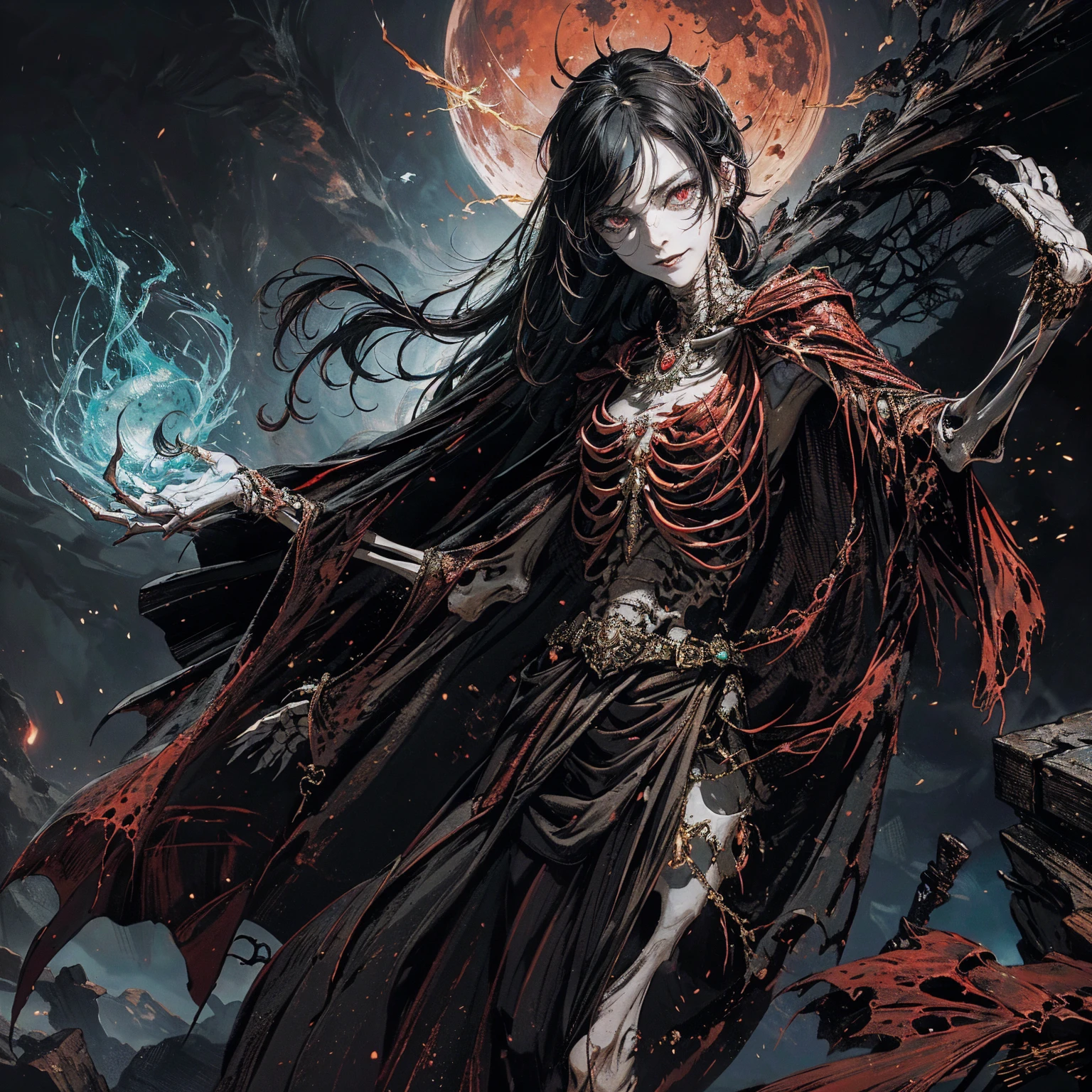best quality, 4K, high resolution, masterpiece:1.2, Very detailed, actual:1.37, Mood lighting, Female undead lich in a long cape, Half face is normal flesh but another half face is skull, Hand and arm has no flesh but only skeleton bones, Wearing a ragged gothic skirt, Aloofness emotion, Dangerous sneer, Beautiful but cruel smile, Black Hair, Standing, Facing the camera, Crucified, Pitch black sky, Blood-red moon, strange atmosphere, Gothic style, Unforgettable beauty, Dramatic shadows, Ethereal Light, Mysterious atmosphere.
