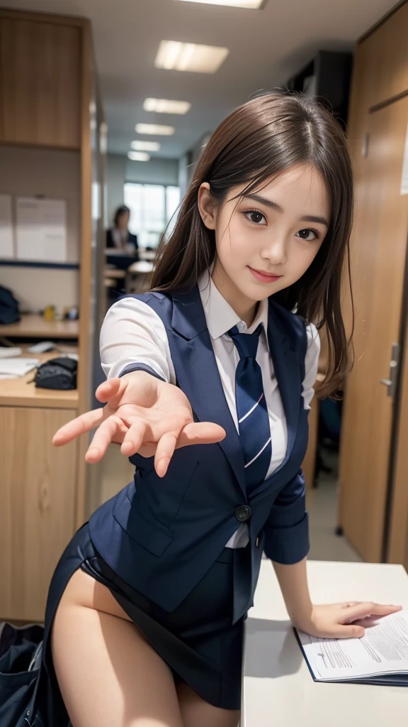 (((A beautiful girl playing around in a brightly colored tie and a neat navy blue suit skirt:1.3))), (8k, RAW Photos, Highest quality, masterpiece:1.2), ((Beautiful girl alone)), Looking at the audience, Viewed from the front, Beautiful white skin, knees, Absurd face is small, Part your bangs down the middle, The forehead is visible, Glare, ((Cute mischievous face:1.3)), Ultra-high resolution, cute, (Slender body line), (Outstanding proportions), ((Office lady suit:1.4)), high school girl, (Idolフェイス, :1.65), Japanese women, Are standing, (Photorealistic:1.37), Photon Mapping, Realistic, cute顔が小さい, Brown eyes, prospect, Written boundary depth, Blurred Background, (I can see the bangs), Silky smooth hair, (Firm stomach:1.3), (Beautiful and slim thighs:1.4), (Small beautiful butt:1.2), (Curved waist), thigh, Nogizaka idol, Idol, (Detailed hands:1.3, Accurate hands:1.3, Beautiful little hands of a girl:1.3), (Firm and beautiful breasts:1.3), Super quality, Low people, (Clear white skin, Skin with visible pores:1.2), (Focus on the face), Check and correct the garment construction, (Perfect Anatomy:1.3), (Detailed eyes and face:1.3, Professional photography techniques), (Adorable pose with hands outstretched:1.2)
