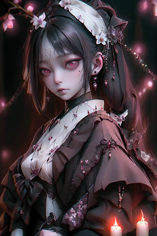 woman、whole body,Illumination,Game character costumes,novel,Gothic ta,dress,image color: dark black and white,Cobblestones, lanthanum, shrine, cherry blossoms, petals in the wind, Calm, mysterious, high quality, Dark look,Detailed eye design,