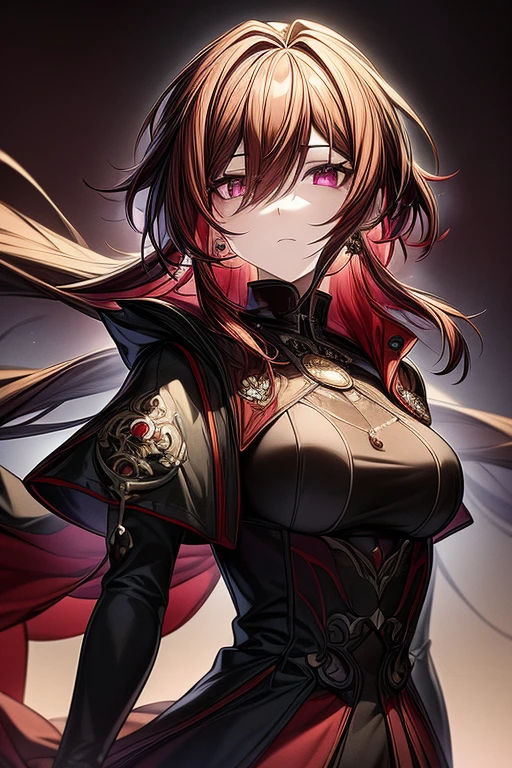 (masterpiece, best quality, perfect face, expressive eyes), 1girl, (anime), crimson eyes, (short green hair), crimson ombre, (jewel earrings), (decorated black coat cape), black vest, intricate details, small breasts, very long hair