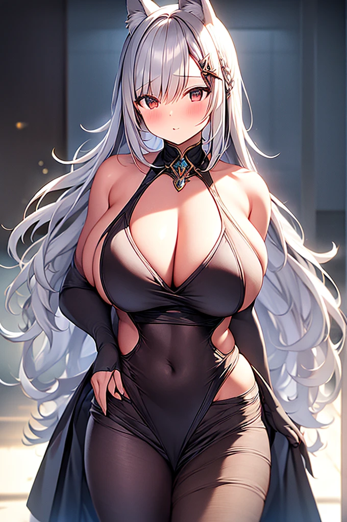 Nia blade form from Xenoblade, silver hair, very long hair, huge breasts, anime style, cleavage, sexy dress