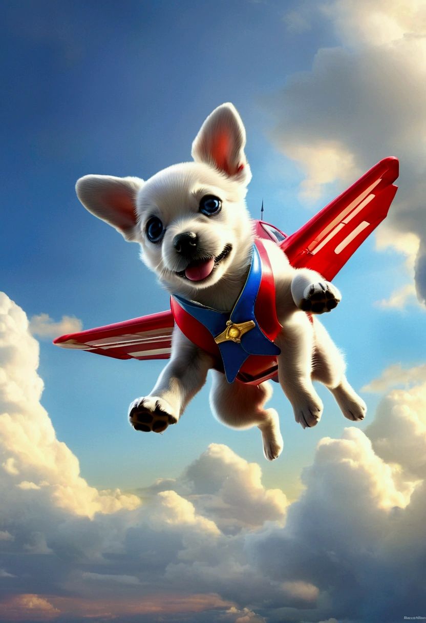 Flying Puppy, full body, by Abraham Pether and Hariton Pushwagner, cinematic still, (best quality, masterpiece), very aesthetic, perfect composition, intricate details, ultra-detailed, vivid colors