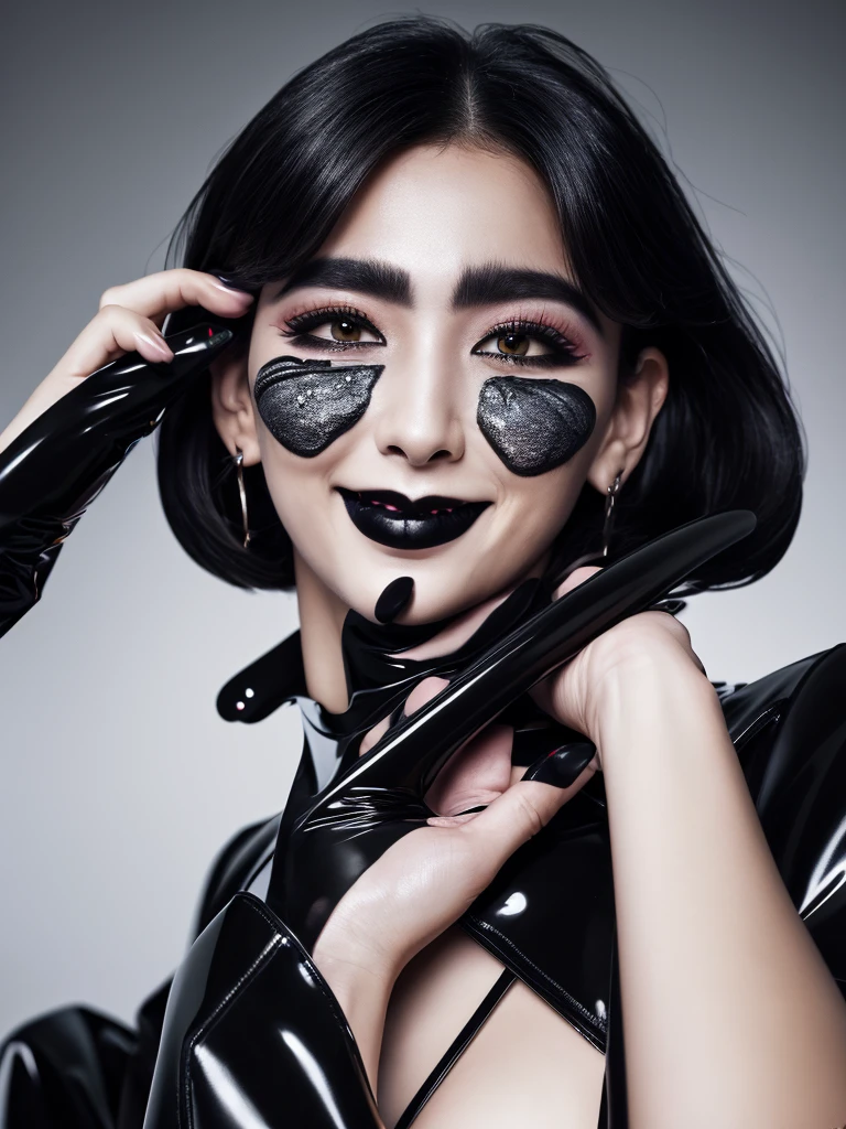 Best quality, masterpiece, ultra high res, photorealistic, raw photo, unity 8k wallpaper,(black lips:1.6),(black eyeshadow:1.3),parted lips,,(evil smile:1.3), latex suit.