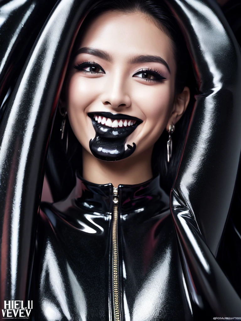 Best quality, masterpiece, ultra high res, photorealistic, raw photo, unity 8k wallpaper,(black lips:1.6),(black eyeshadow:1.3),parted lips,,(evil smile:1.3), latex suit.